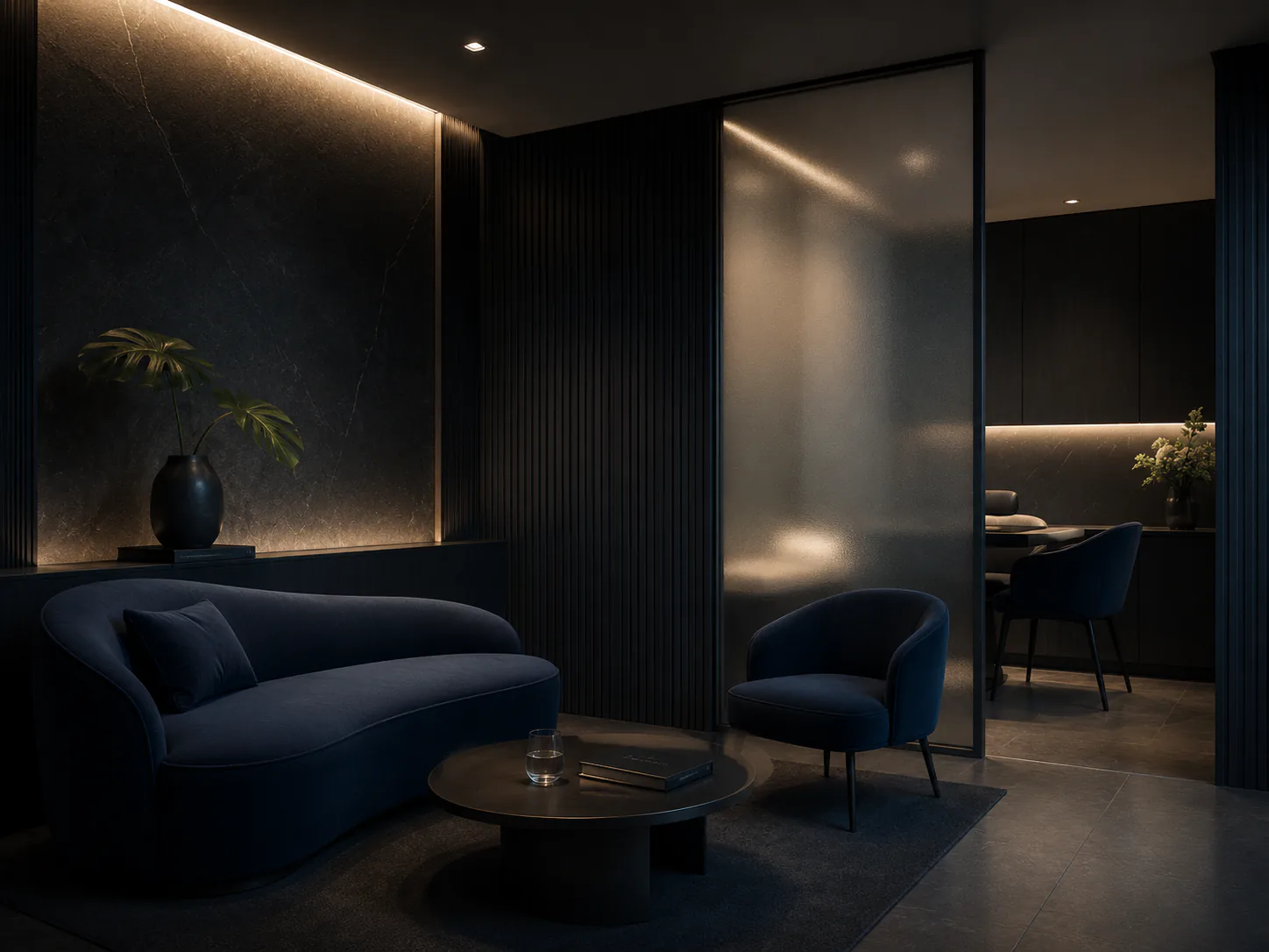 Lounge reservado da OCEAN Clinic com atmosfera discreta, confortável e sofisticada.