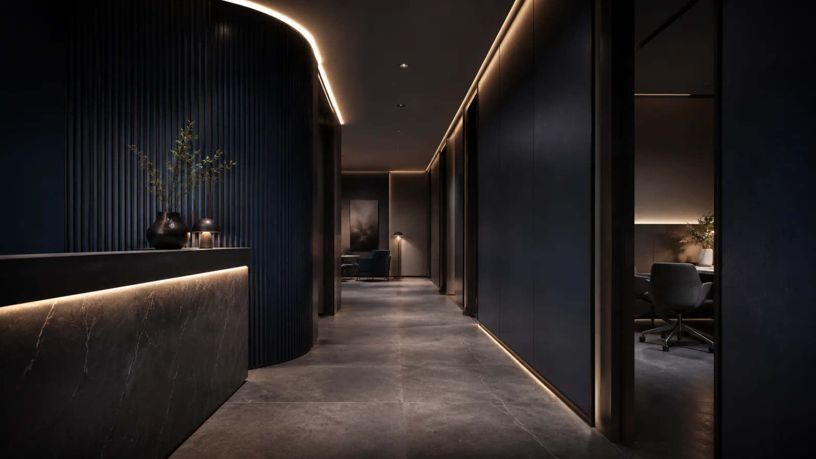 Corredor interno da OCEAN Clinic com fluxo reservado, iluminação quente e consultórios discretos.