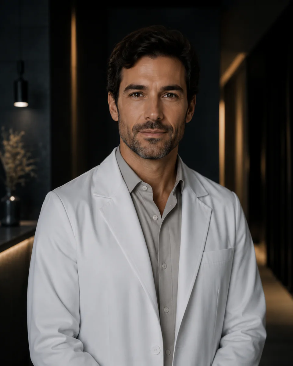 Retrato profissional do Dr. Rafael Andrade em ambiente sofisticado da OCEAN Clinic.