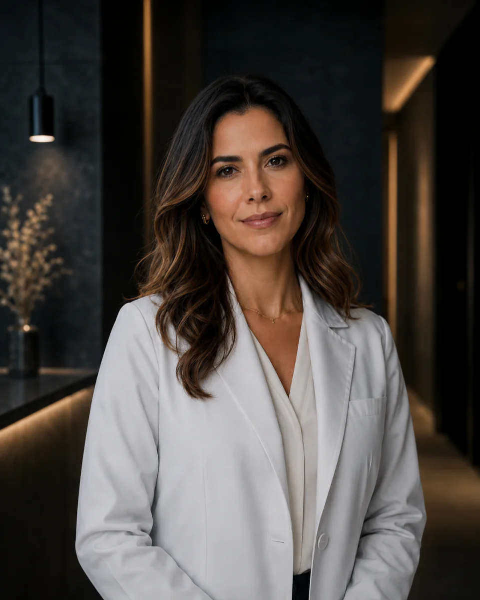 Retrato profissional da Dra. Marina Costa em ambiente sofisticado da OCEAN Clinic.