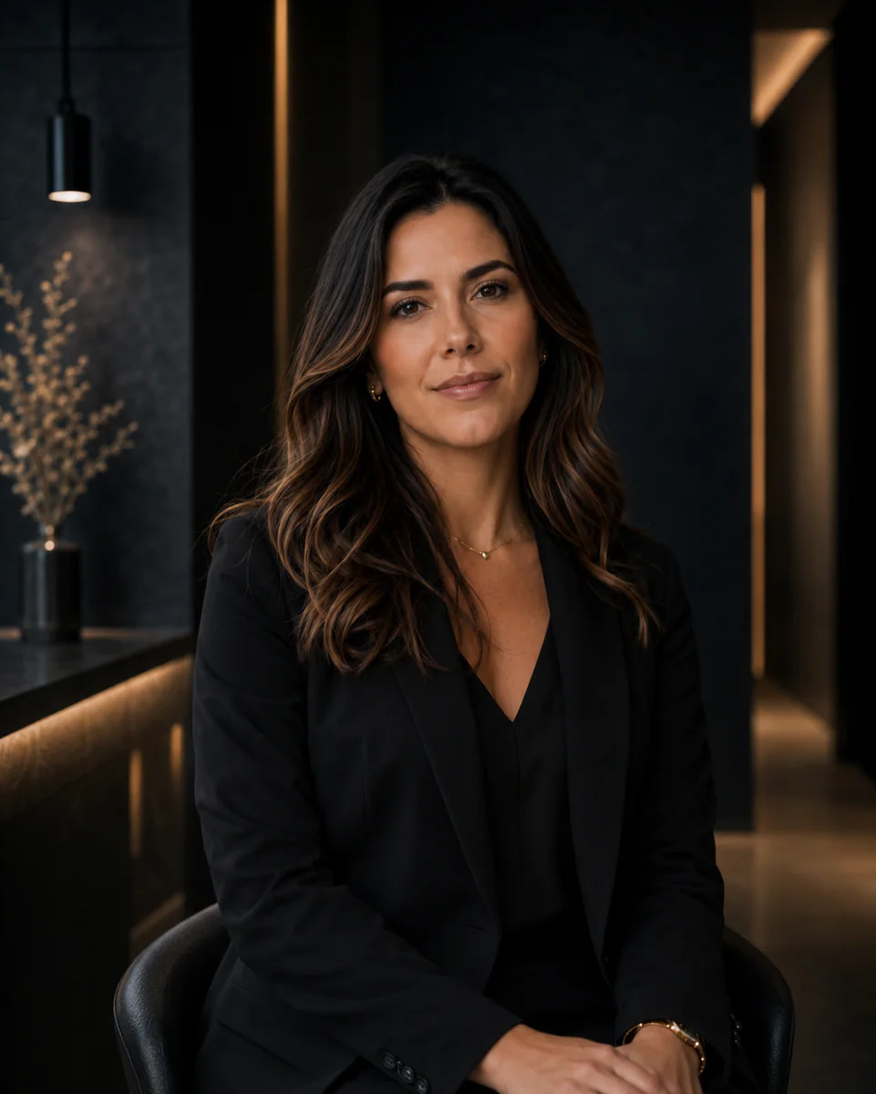 Retrato profissional de Camila Ribeiro, nutrição clínica, em ambiente sofisticado da OCEAN Clinic.