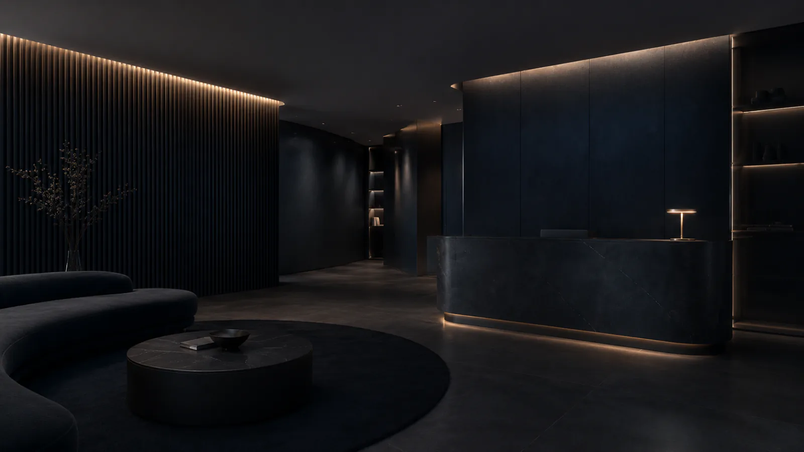 Ambiente reservado e minimalista da OCEAN Clinic com recepção escura, iluminação indireta e atmosfera premium.